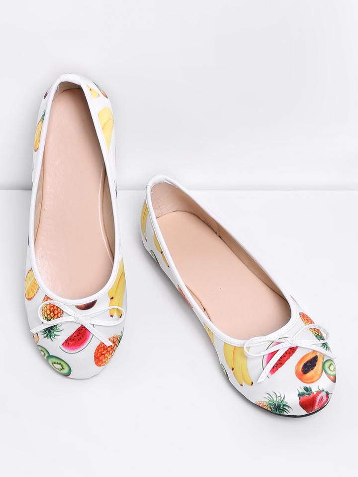 Shein Bow Tie Detail Fruit Print Pu Flats