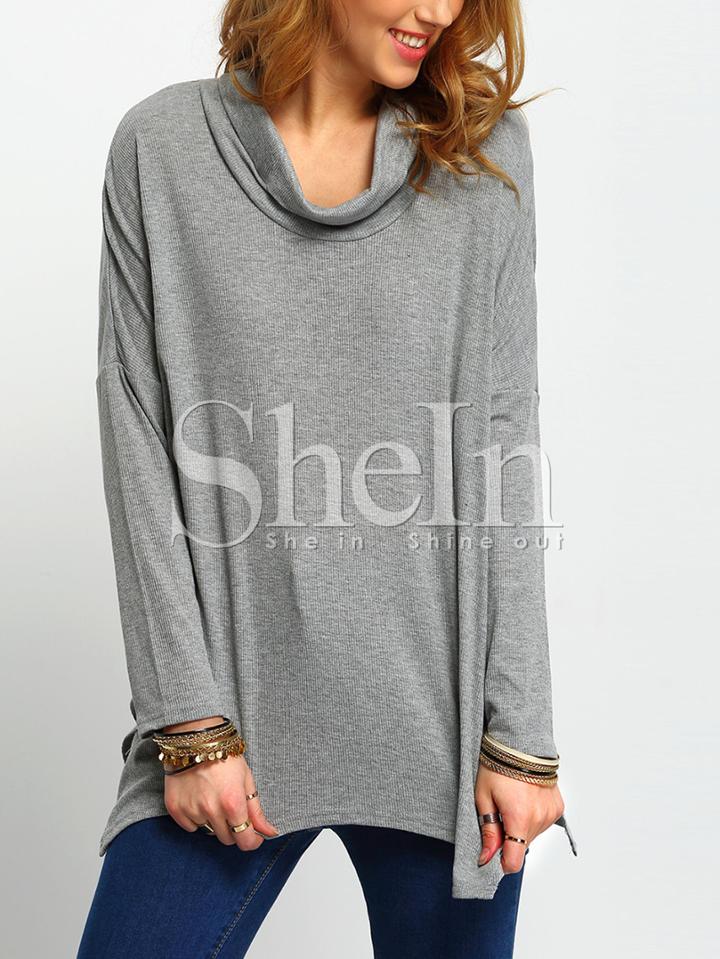 Shein Grey Turtleneck Asymmetric T-shirt