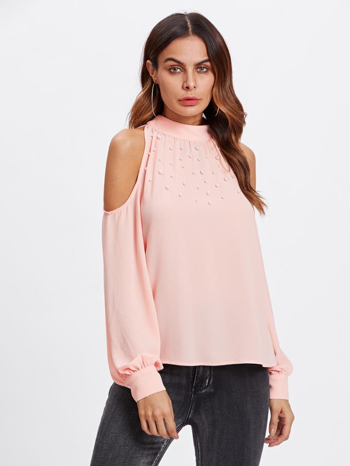Shein Open Shoulder Pearl Embellished Tied Back Top