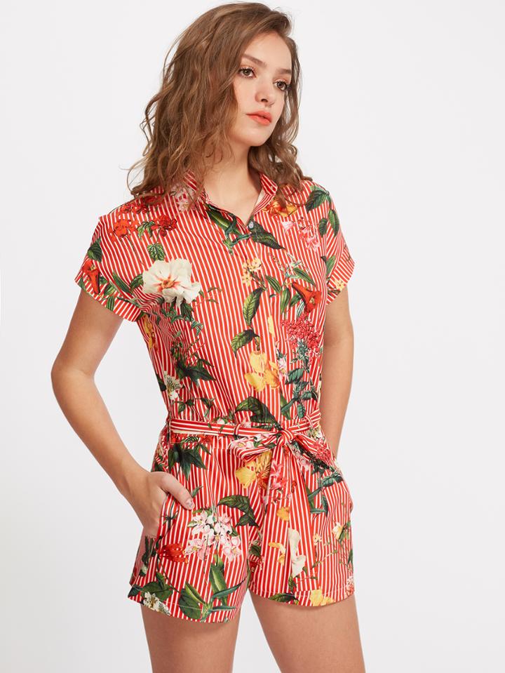 Shein Hidden Placket Self Belt Mixed Print Shirt Playsuit
