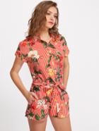 Shein Hidden Placket Self Belt Mixed Print Shirt Playsuit
