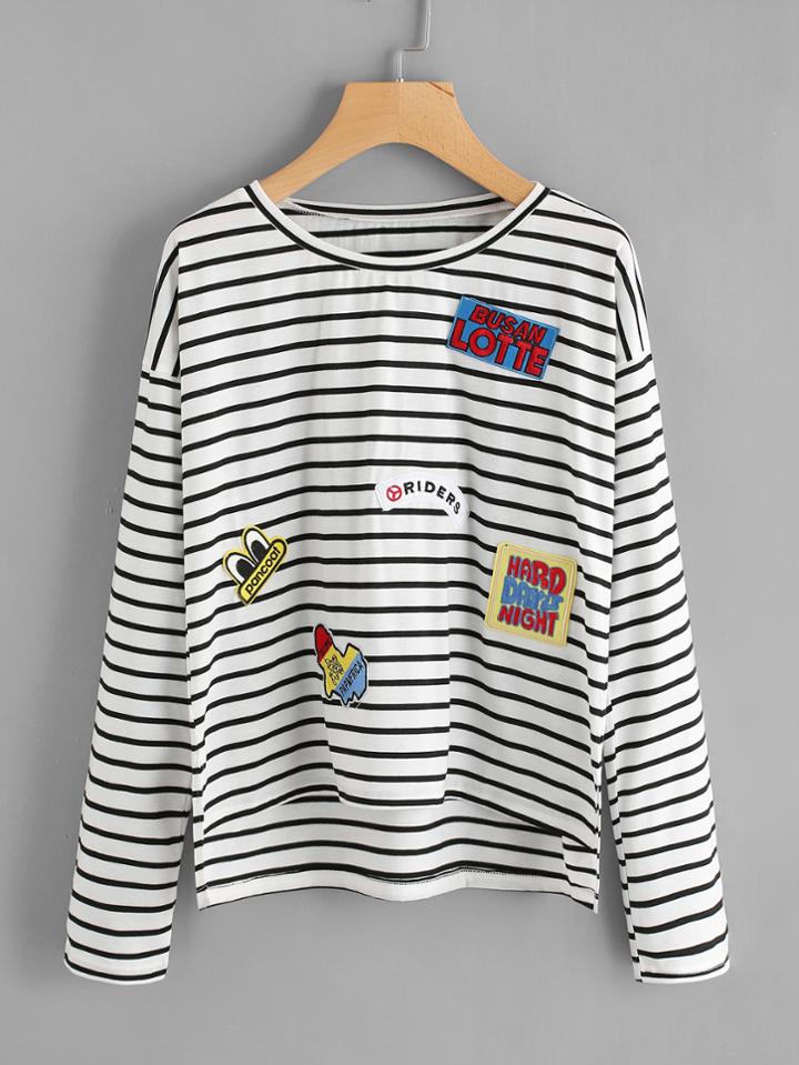 Shein Patch Detail Dip Hem Striped Tee