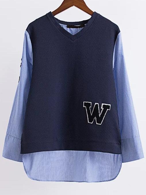 Shein Contrast Color Striped Patch Detail Dip Hem Blouse