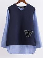 Shein Contrast Color Striped Patch Detail Dip Hem Blouse