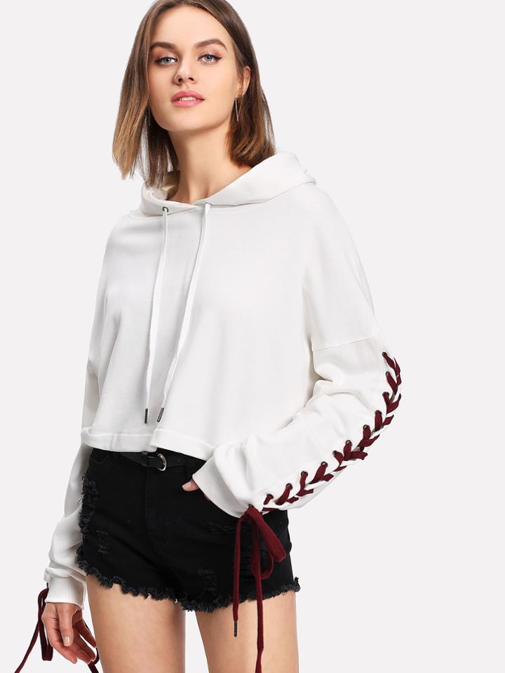 Shein Lace Up Sleeve Drop Shoulder Crop Hoodie