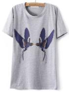 Shein Bird Print Studded Grey T-shirt