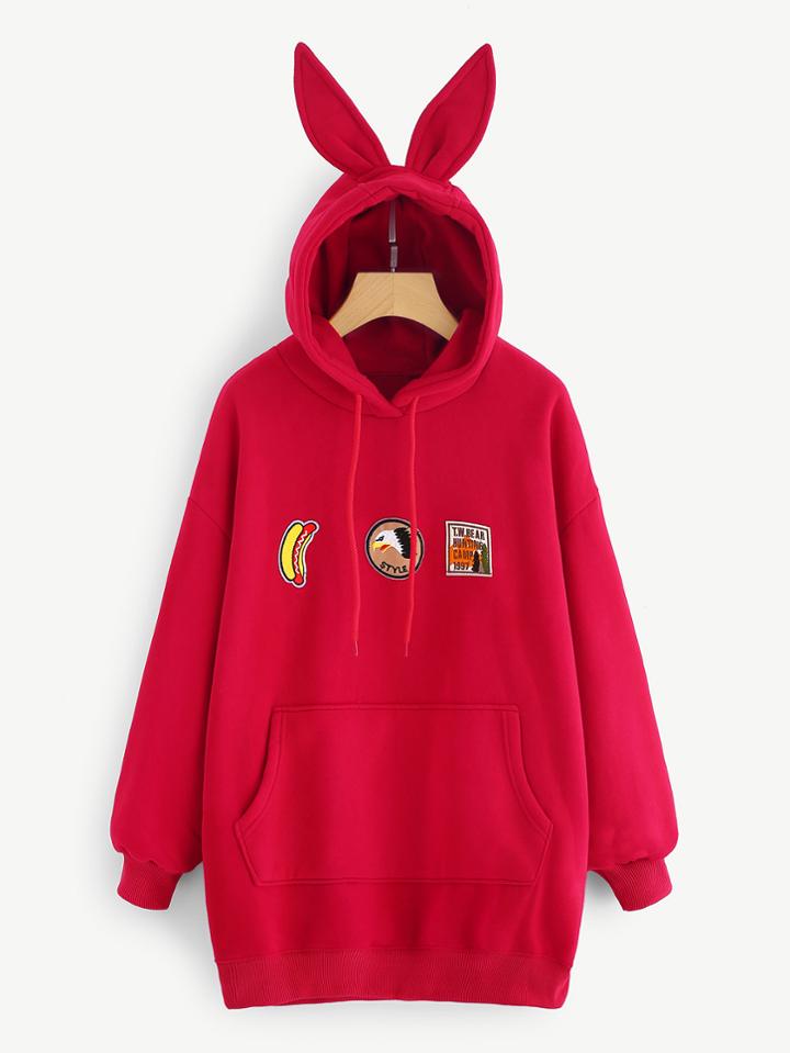Shein Patched Detail Longline Rabbit Hoodie