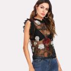 Shein Flower Embroidery Frill Trim Sheer Top