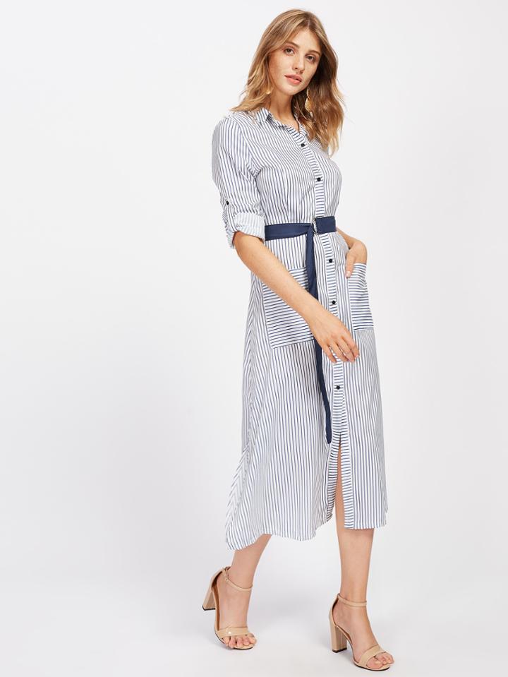 Shein Vertical Striped Tie Waist Shirt Dress With Ring Detail