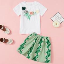 Shein Girls Stereo Flowers Tee With Skirt
