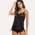 Shein Eyelash Sheer Lace Panel Bow Detail Pj Set Without Panty