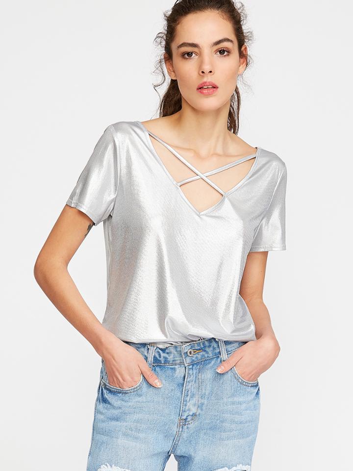 Shein Silver Crisscross Dual V-neck Tee