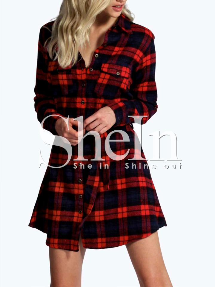 Shein Red Long Sleeve Plaid Grid Babydoll Dress