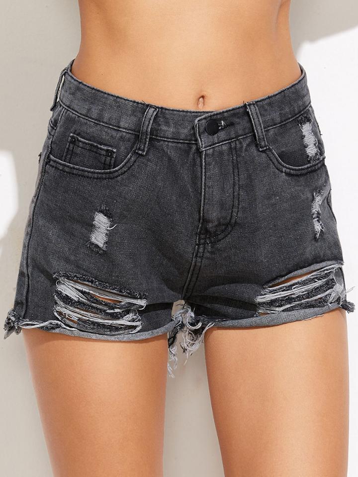 Shein Grey Ripped Raw Hem Denim Short