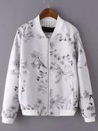 Shein Light Grey Stand Collar Floral Pockets Jacket