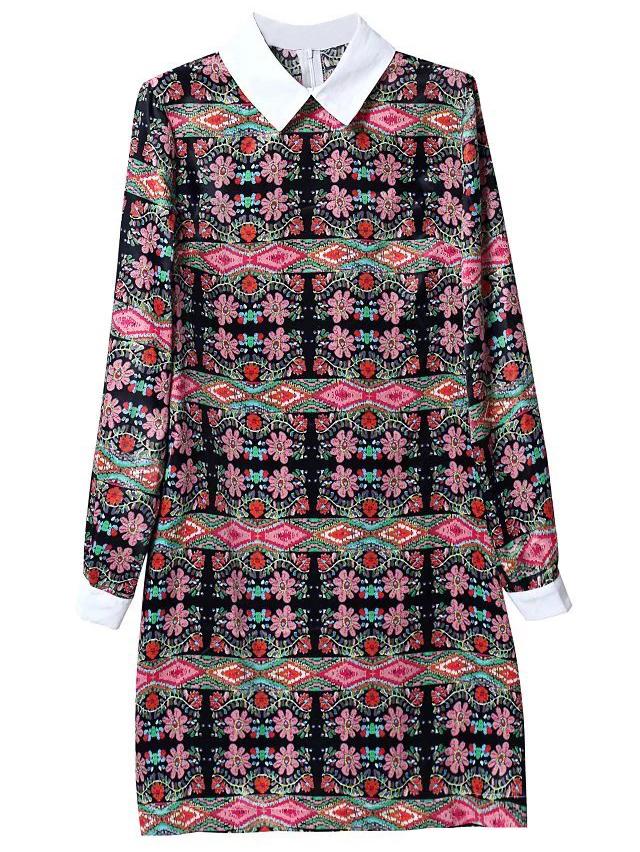 Shein Multicolor Contrast Lapel Floral Print Dress