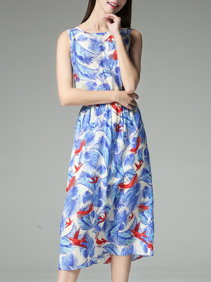 Shein Blue Birds Print Elastic-waist A-line Dress
