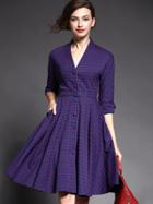 Shein Purple V Neck Half Sleeve Drawstring Print Dress