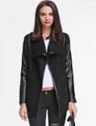Shein Black Lapel Contrast Pu Leather Wool Coat