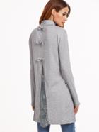 Shein Heather Grey Bow Embellished Lace Insert Split Back T-shirt
