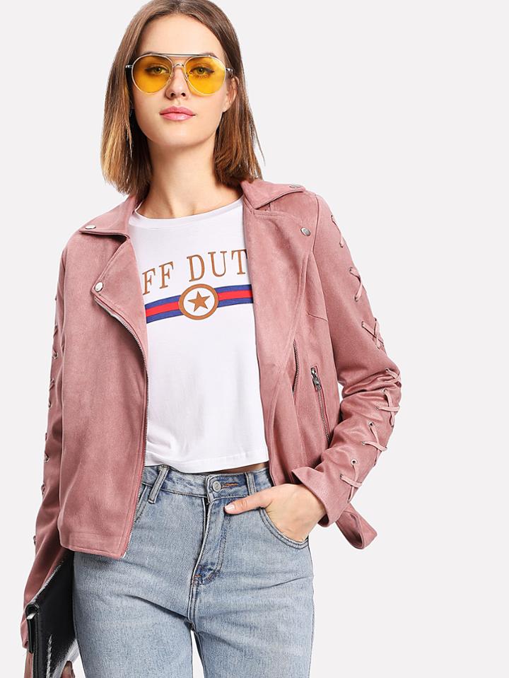 Shein Criss Cross Sleeve Suede Moto Jacket