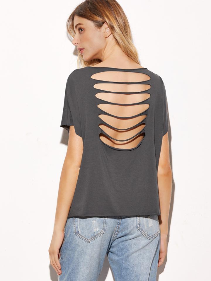Shein Grey Boat Neck Ripped Back T-shirt