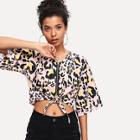Shein Knot Front Zip Up Printed Blouse