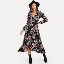 Shein Floral Print Knot Waist Wrap Dress