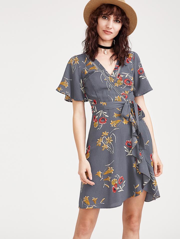 Shein Botanical Print Flutter Sleeve Surplice Obi Tie Dress