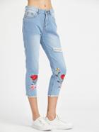Shein Embroidered Ripped Frayed Hem Cropped Jeans