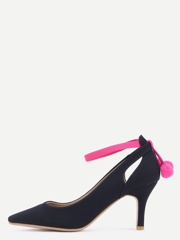 Shein Black Nubuck Leather Point Toe Ankle Strap  Pom Pom Heels