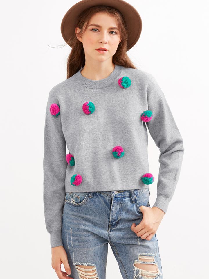 Shein Heather Grey Pom Pom Embellished Crop Sweater