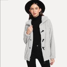 Shein Hom Buckle Solid Hoodie Teddy Outerwear
