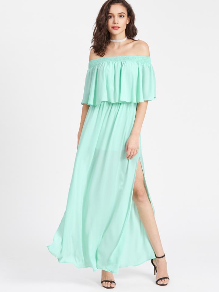 Shein Smocked Off Shoulder High Slit Double Layer Dress
