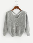 Shein Criss Cross Pearl Beaded Sweater