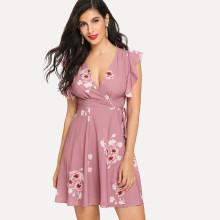Shein Flounce Embellished Floral Print Plunging Dress