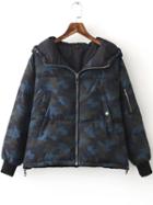 Shein Blue Zipper Hooded Camouflage Padded Coat