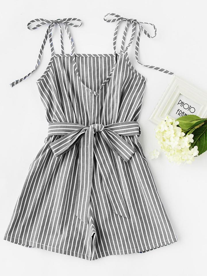 Shein Self Tie Shoulder Stripe Romper With Belt
