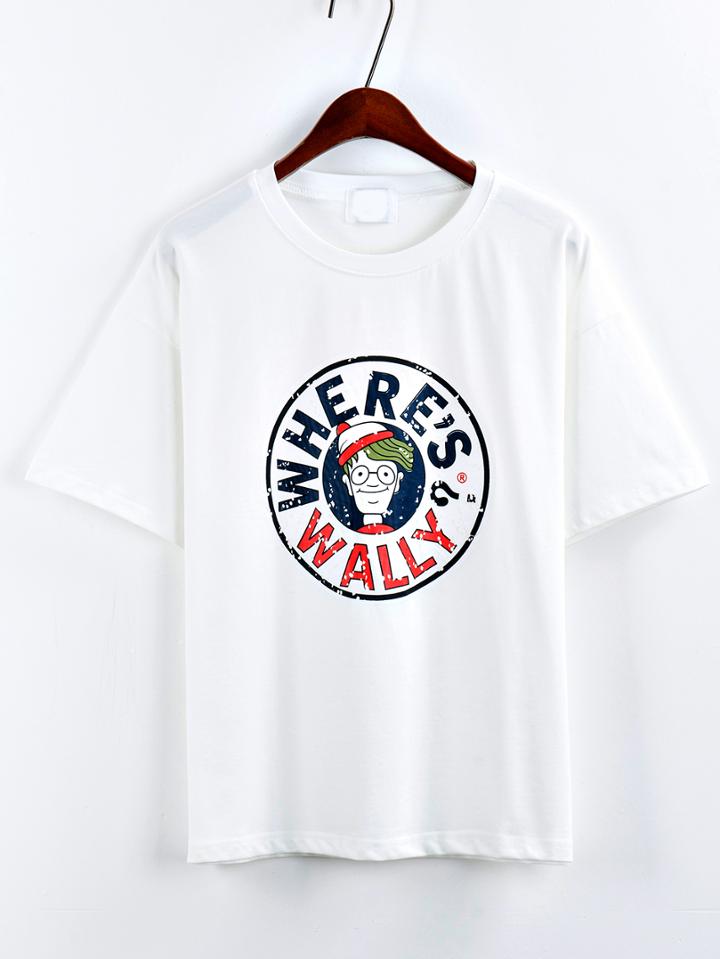 Shein Cartoon Print Drop Sleeve T-shirt - White