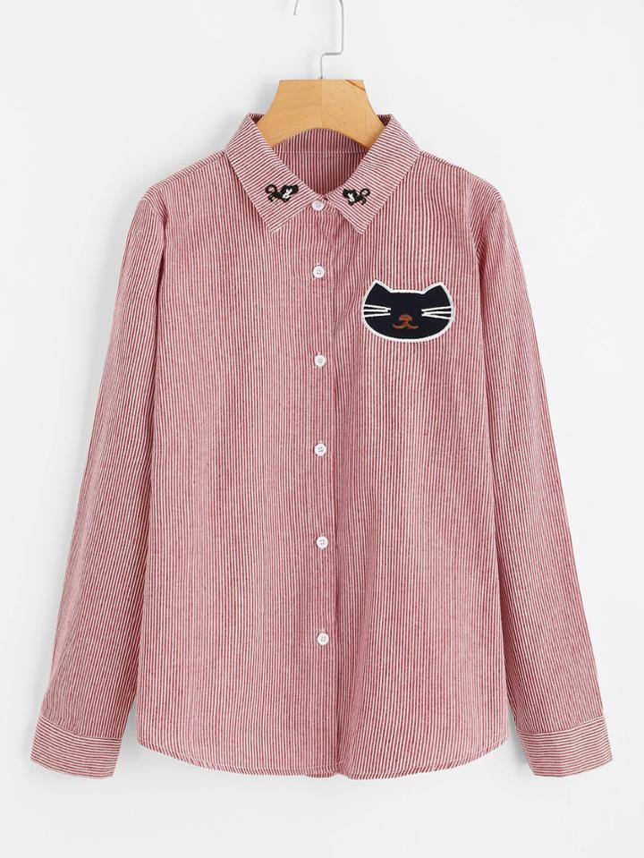 Shein Cat Embroidery Striped Blouse