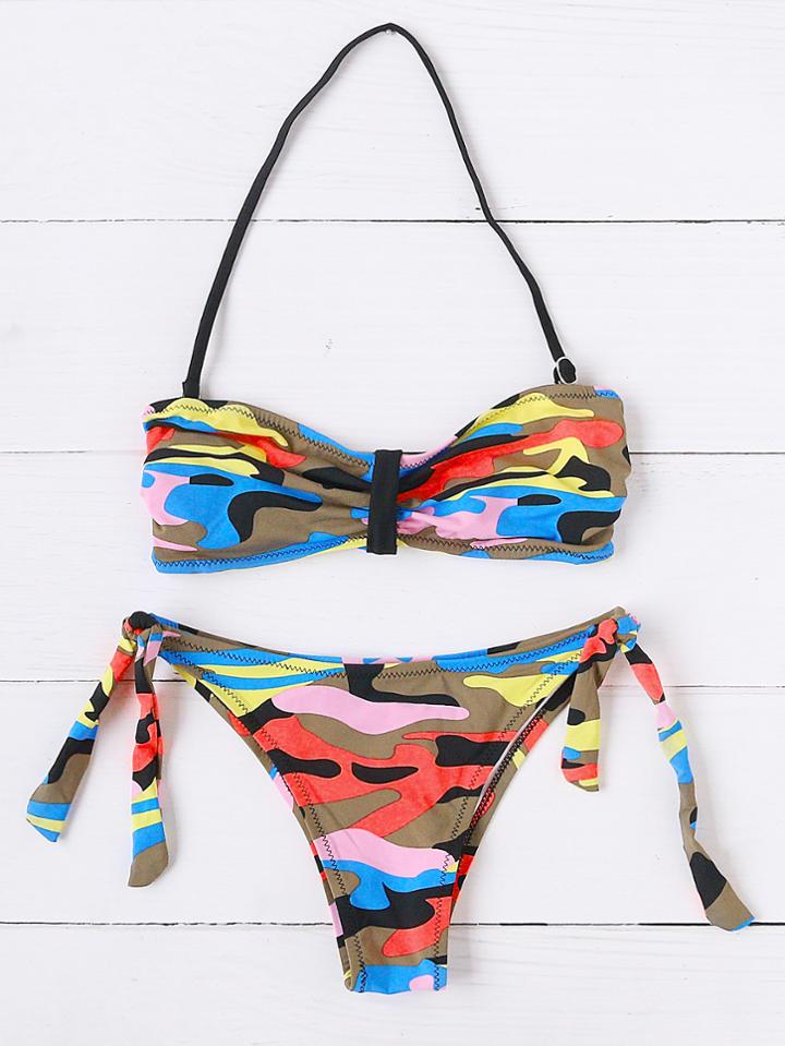 Shein Camouflage Pattern Side Tie Bustier Bikini Set