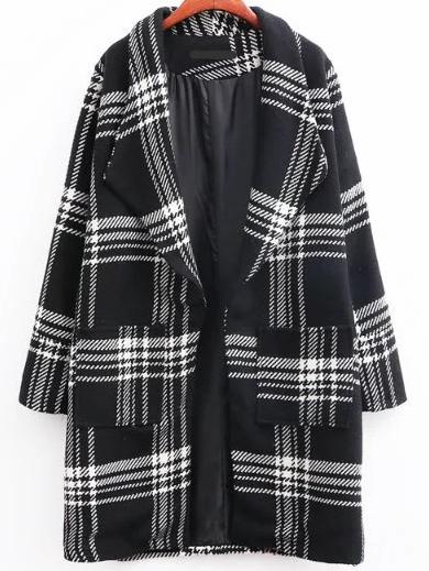 Shein Black Plaid Shawl Collar Coat With Pocket