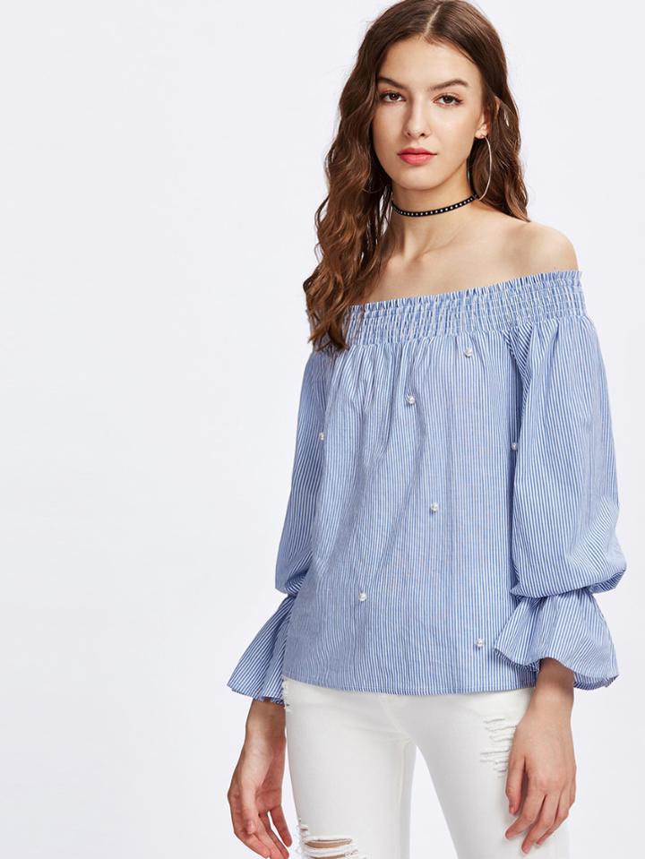 Shein Smocked Off Shoulder Pearl Beaded Trumpet Sleeve Top