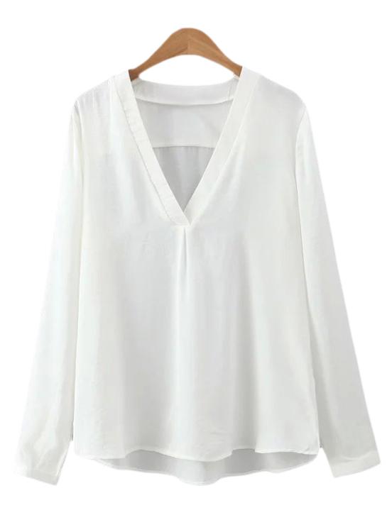 Shein White Dip Hem V Neck Long Sleeve Blouse