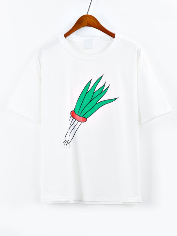 Shein Shallot Print White T-shirt
