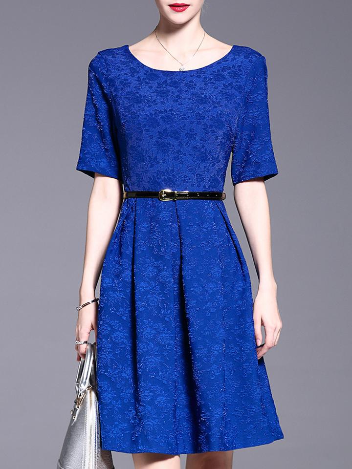 Shein Blue Round Neck Backless Half Sleeve Dress