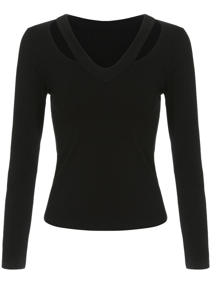 Shein Black Hollow Collar Long Sleeve Slim T-shirt