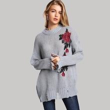 Shein Rose Embroidered Raw Hem Jumper