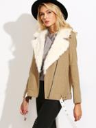 Shein Camel Faux Fur Collar Asymmetric Zip Buckle Hem Biker Jacket