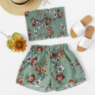 Shein Frill Hem Pleated Tube Top With Shorts